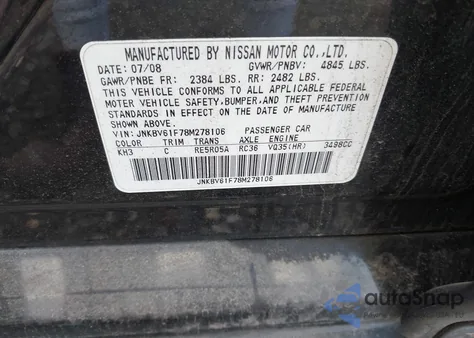 2008 Infiniti G35X z USA, uszkodzony, nr VIN JNKBV61F78M278106